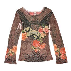 Y2K Vintage GUESS Red Purple Floral Rhinestone Long Sleeve Top sz XS